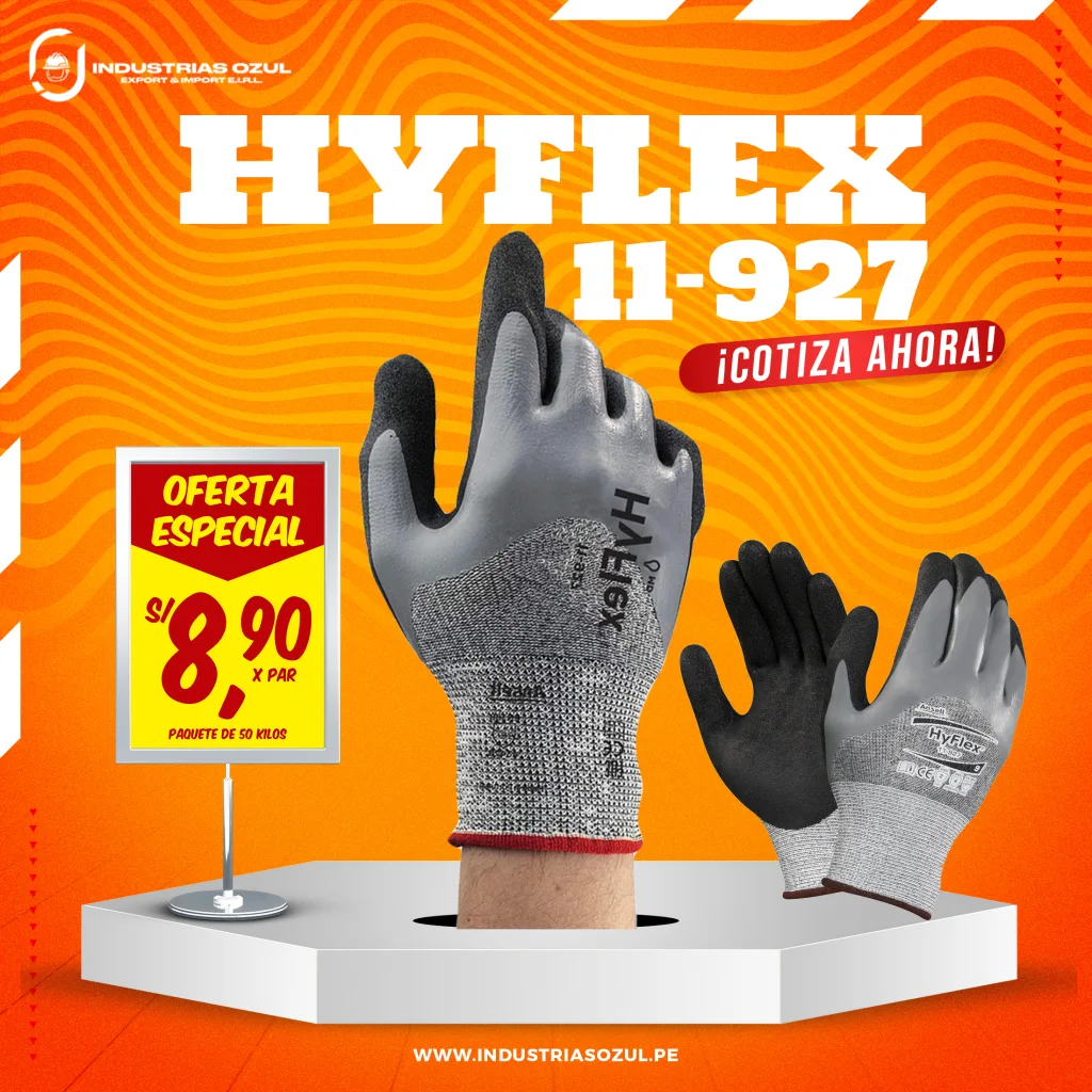 Guantes HyFlex 11-927 con alta resistencia a aceites. Ideales para trabajos industriales exigentes.